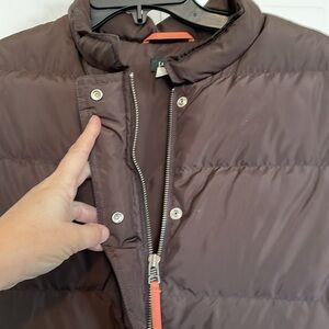 J. Crew L brown puffer vest down/waterfowl feathers pockets zip/snap